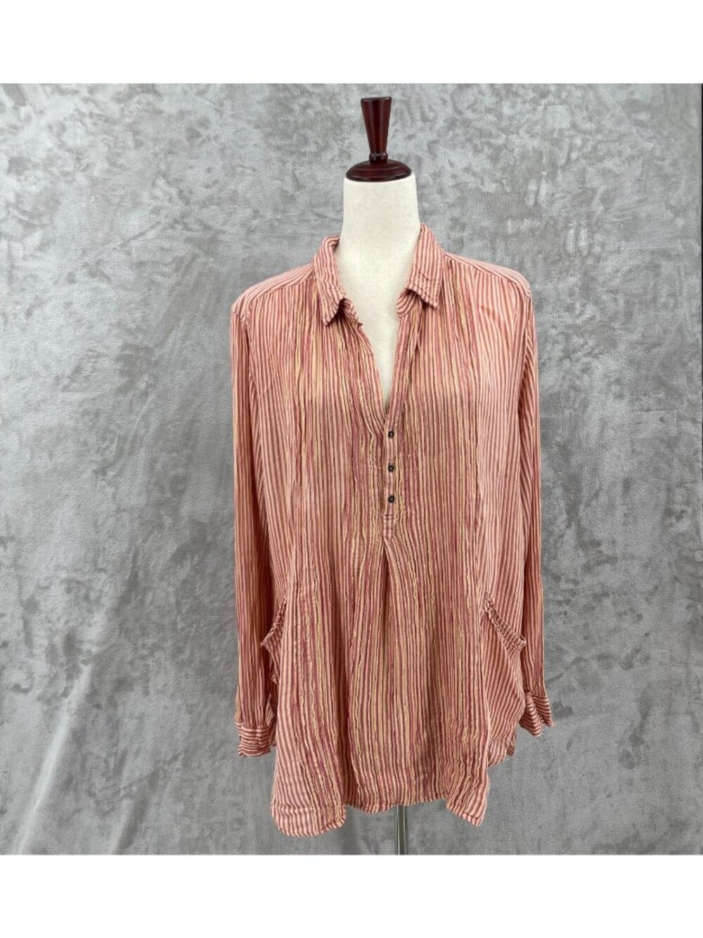 Free People Beach Pink Striped Long Sleeve Blouse Tunic Top Oversized